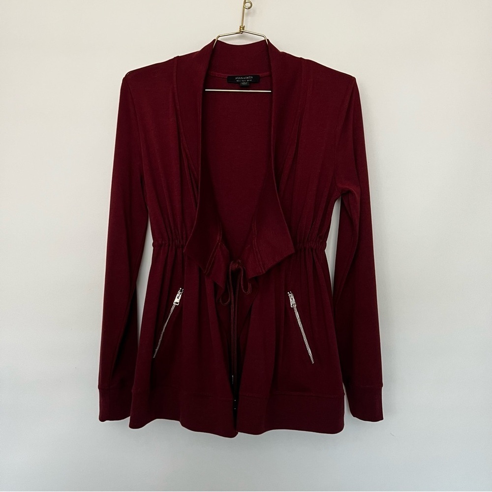 All Saints Jacket Gina Drape Open Front Long Sleeve Size XS-O Burgundy Marron